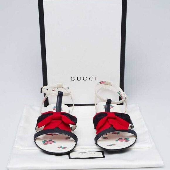 Gucci White/Blue Leather Vintage Web Bow T-Strap Open Toe Sandals Size 4.5/35 - Picture 5 of 5
